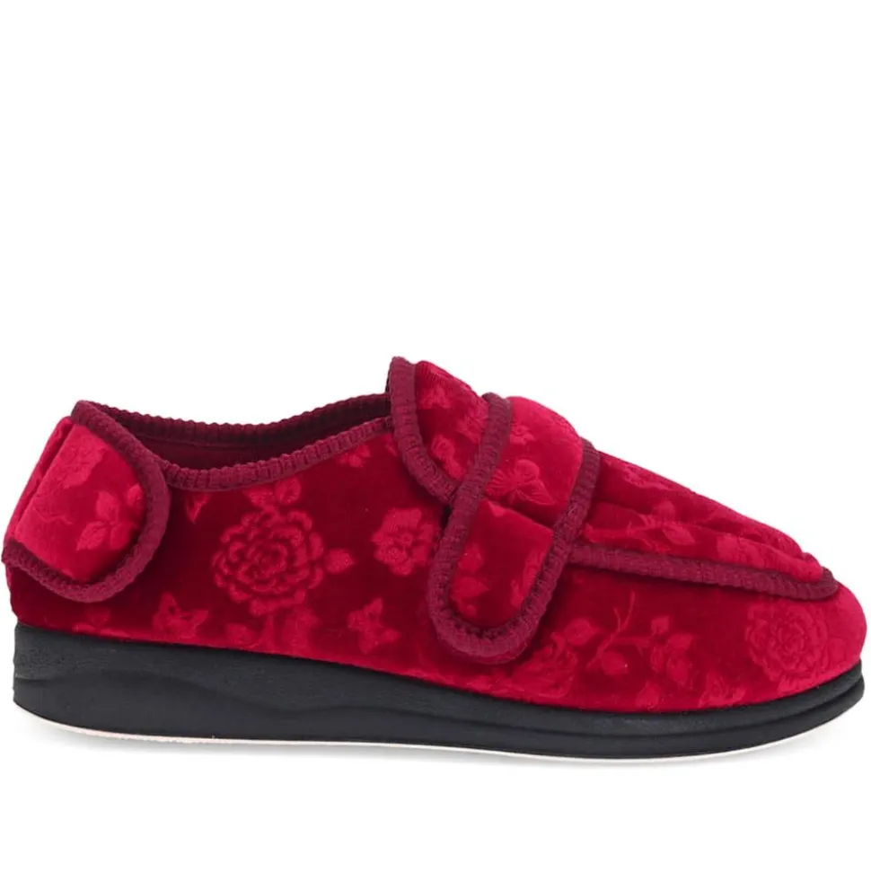 Wide Fit Adjustable Fasten Full Slipper - Burgundy Floral