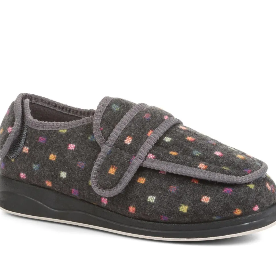 Wide Fit Adjustable Fasten Full Slipper - Grey Multi