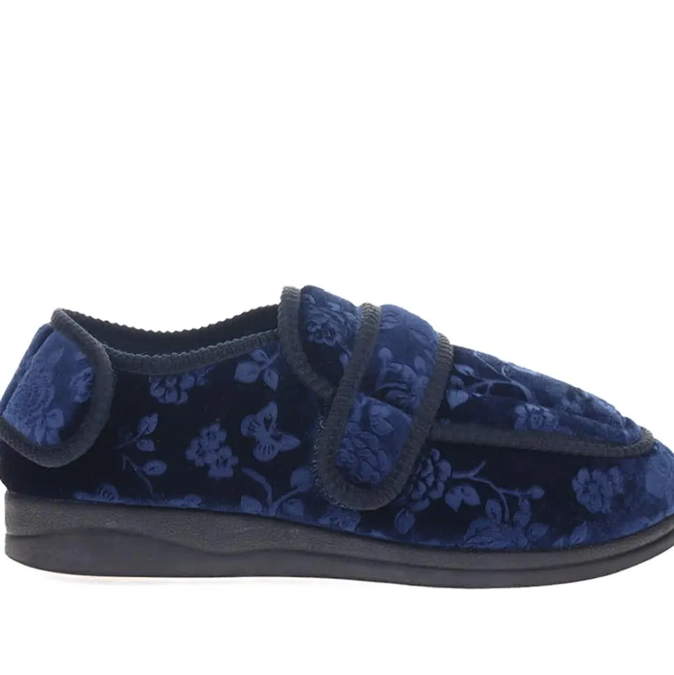 Wide Fit Adjustable Fasten Full Slipper - Navy Floral