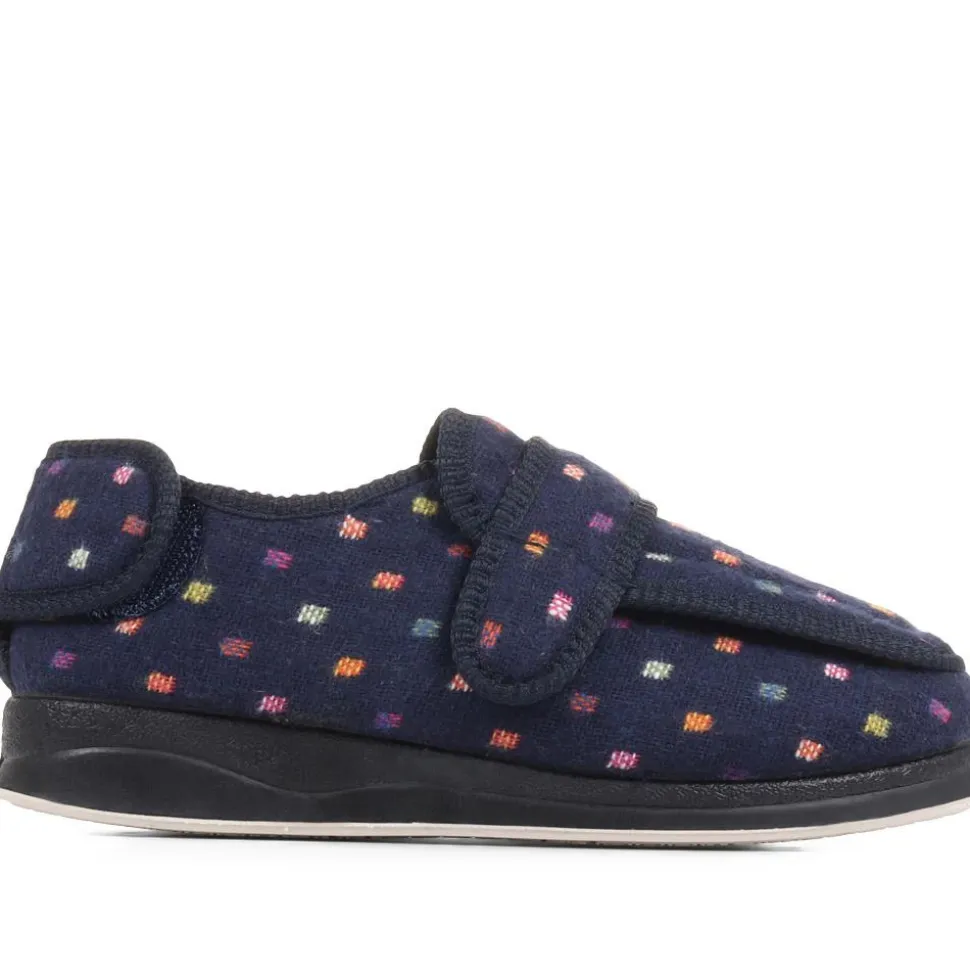 Wide Fit Adjustable Fasten Full Slipper - Navy Multi