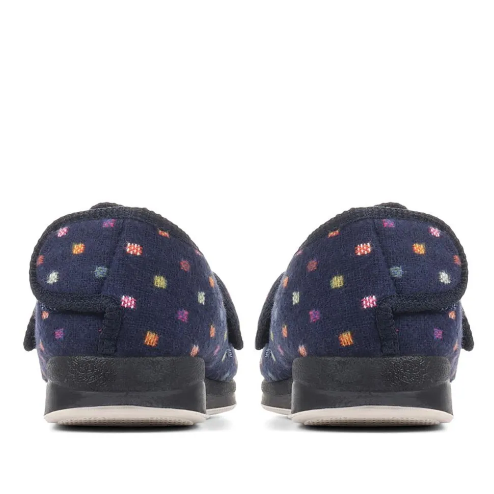 Wide Fit Adjustable Fasten Full Slipper - Navy Multi