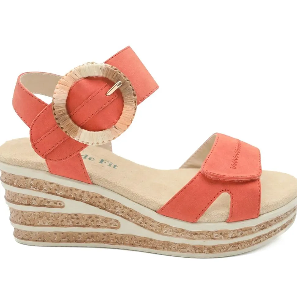 Wide Fit Adjustable Fasten Wedged Sandals - Orange