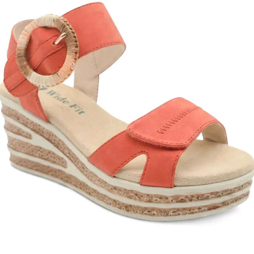 Wide Fit Adjustable Fasten Wedged Sandals - Orange