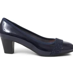 Wide Fit Block-Heeled Court Shoes - Navy Patent