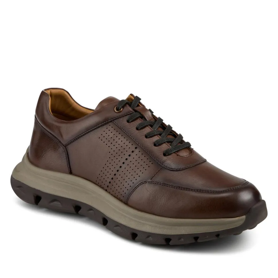 Wide Fit Breathable Leather Lace Up Trainers - Brown