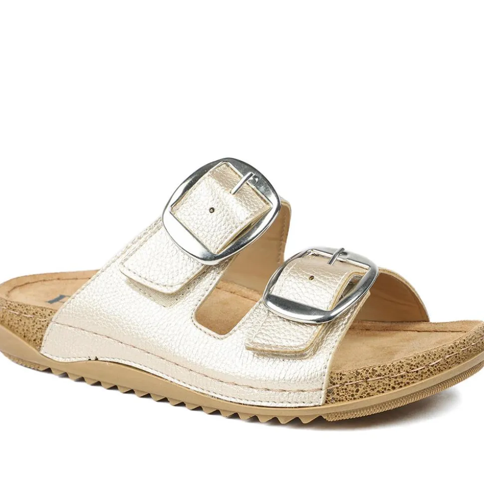 Wide Fit Buckle Detail Comfort Sandals - Soft Gold