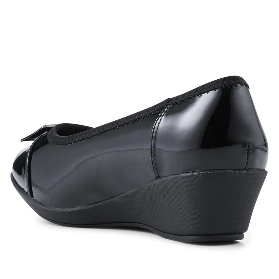 Wide Fit Flexible Wedge Heel Slip On Shoes - Black Patent