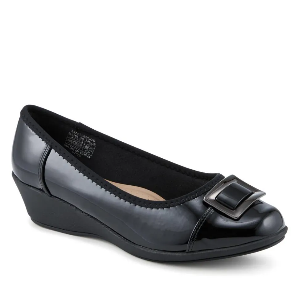 Wide Fit Flexible Wedge Heel Slip On Shoes - Black Patent