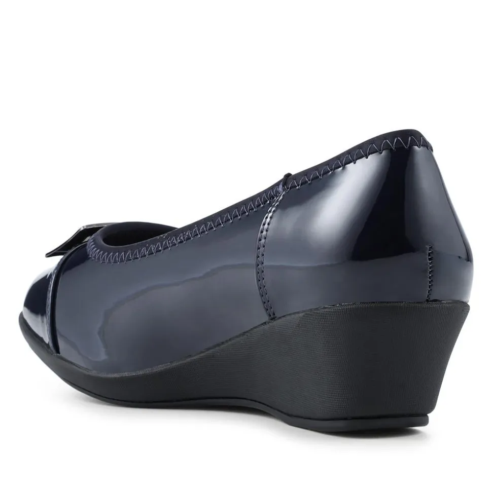 Wide Fit Flexible Wedge Heel Slip On Shoes - Navy Patent