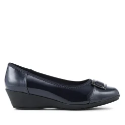 Wide Fit Flexible Wedge Heel Slip On Shoes - Navy Patent