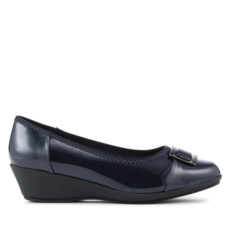 Wide Fit Flexible Wedge Heel Slip On Shoes - Navy Patent