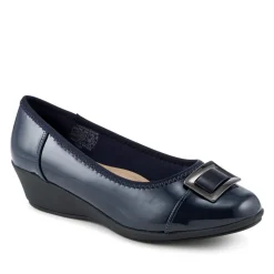 Wide Fit Flexible Wedge Heel Slip On Shoes - Navy Patent