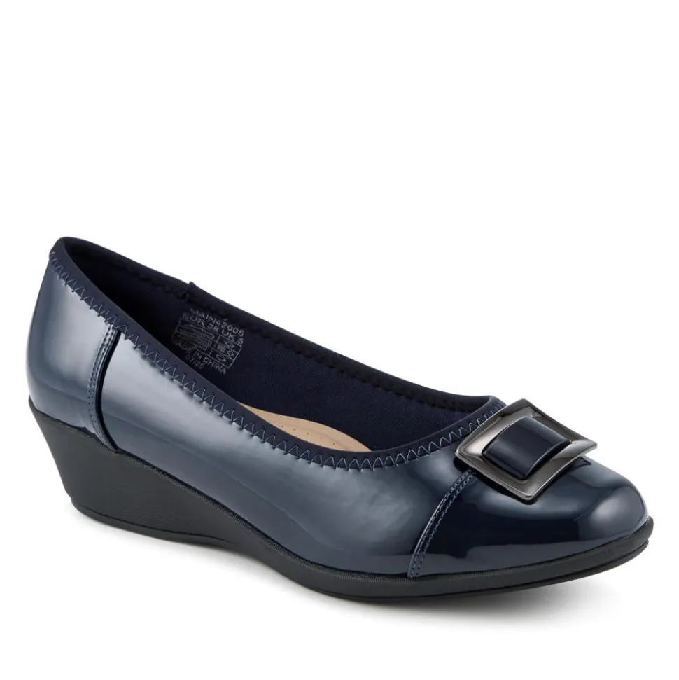 Wide Fit Flexible Wedge Heel Slip On Shoes - Navy Patent