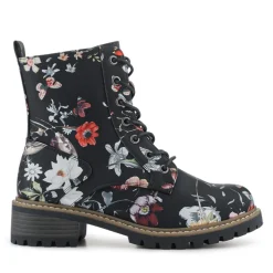 Wide Fit Lace Up Ankle Boots - Black Floral