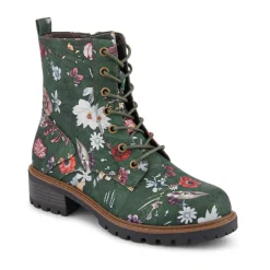 Wide Fit Lace Up Ankle Boots - Green Floral