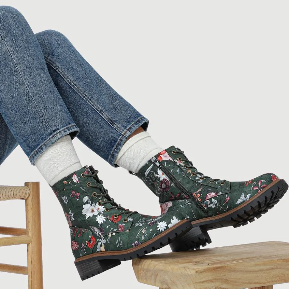 Wide Fit Lace Up Ankle Boots - Green Floral