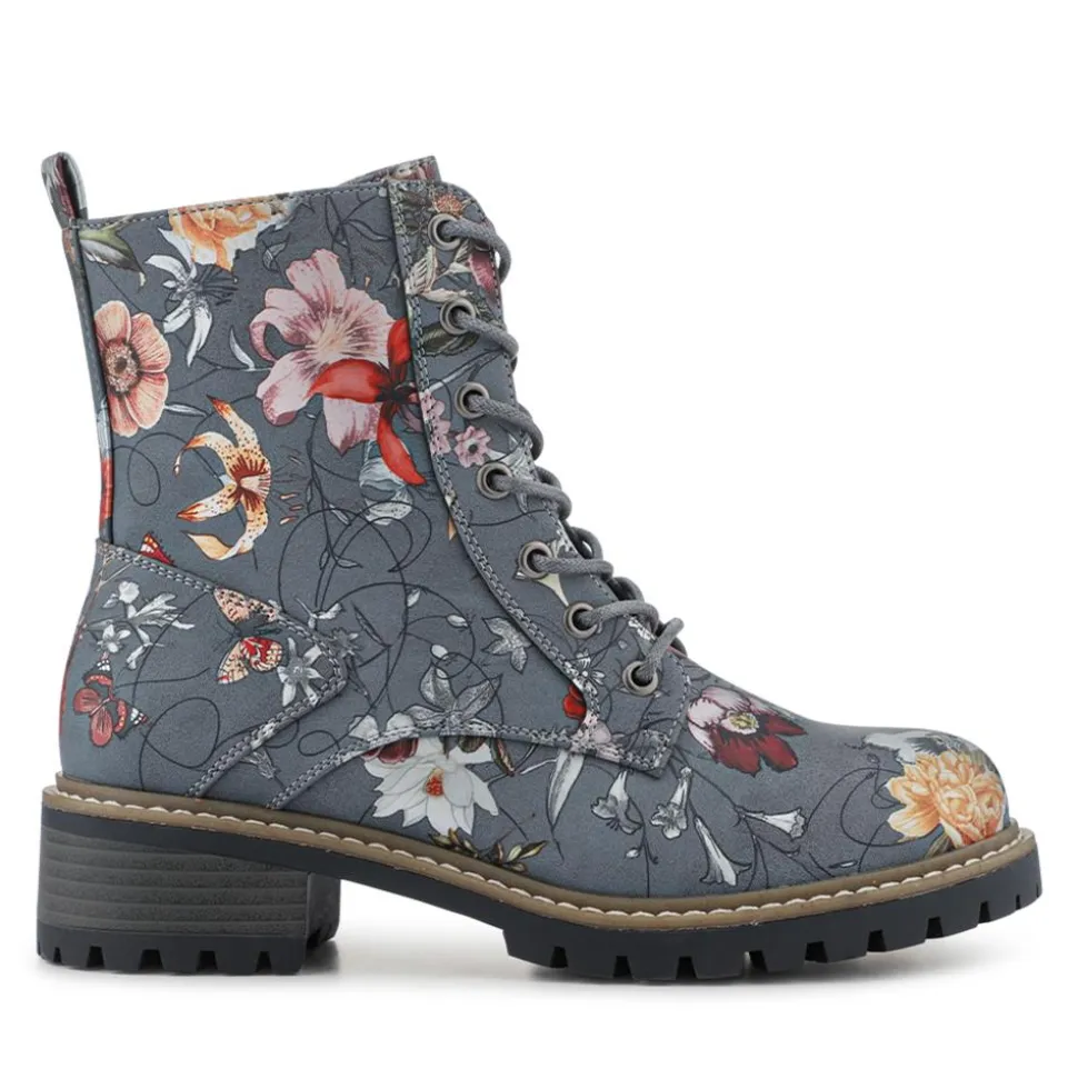 Wide Fit Lace Up Ankle Boots - Grey Floral