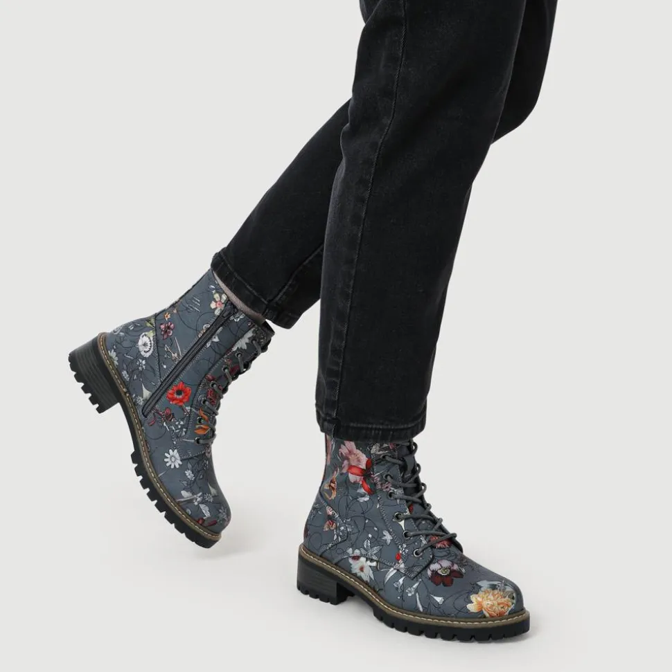 Wide Fit Lace Up Ankle Boots - Grey Floral