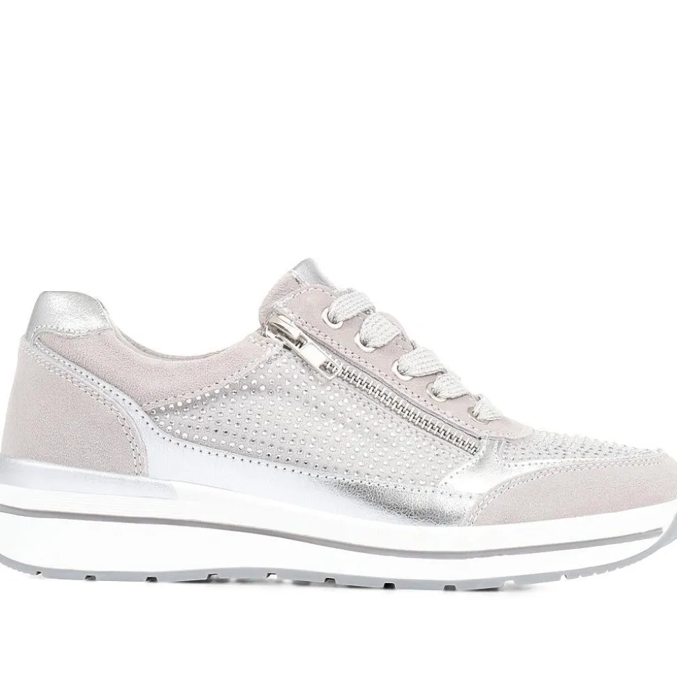 Wide Fit Lace-Up Leather Trainers - Silver