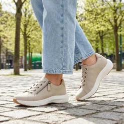 Wide Fit Lace Up Shoes with Functional Zip - Beige
