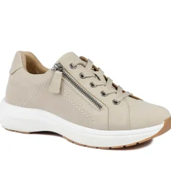 Wide Fit Lace Up Shoes with Functional Zip - Beige