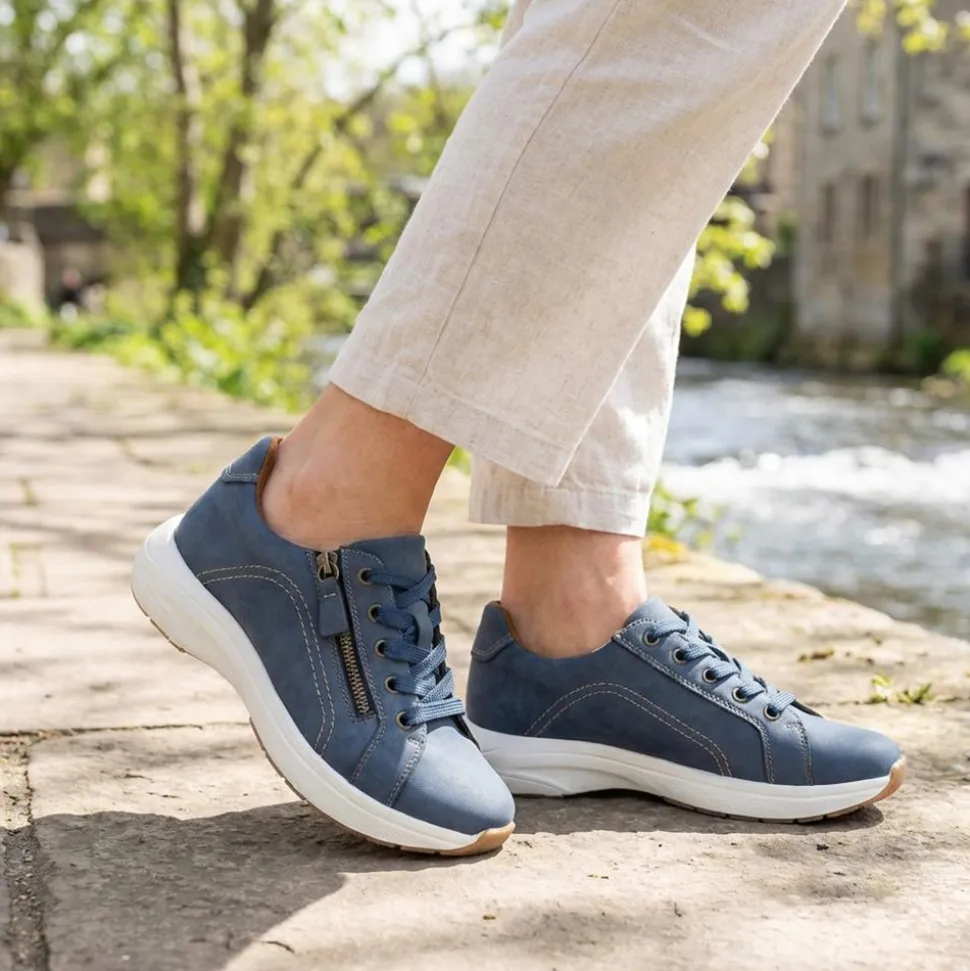 Wide Fit Lace Up Shoes with Functional Zip - Navy