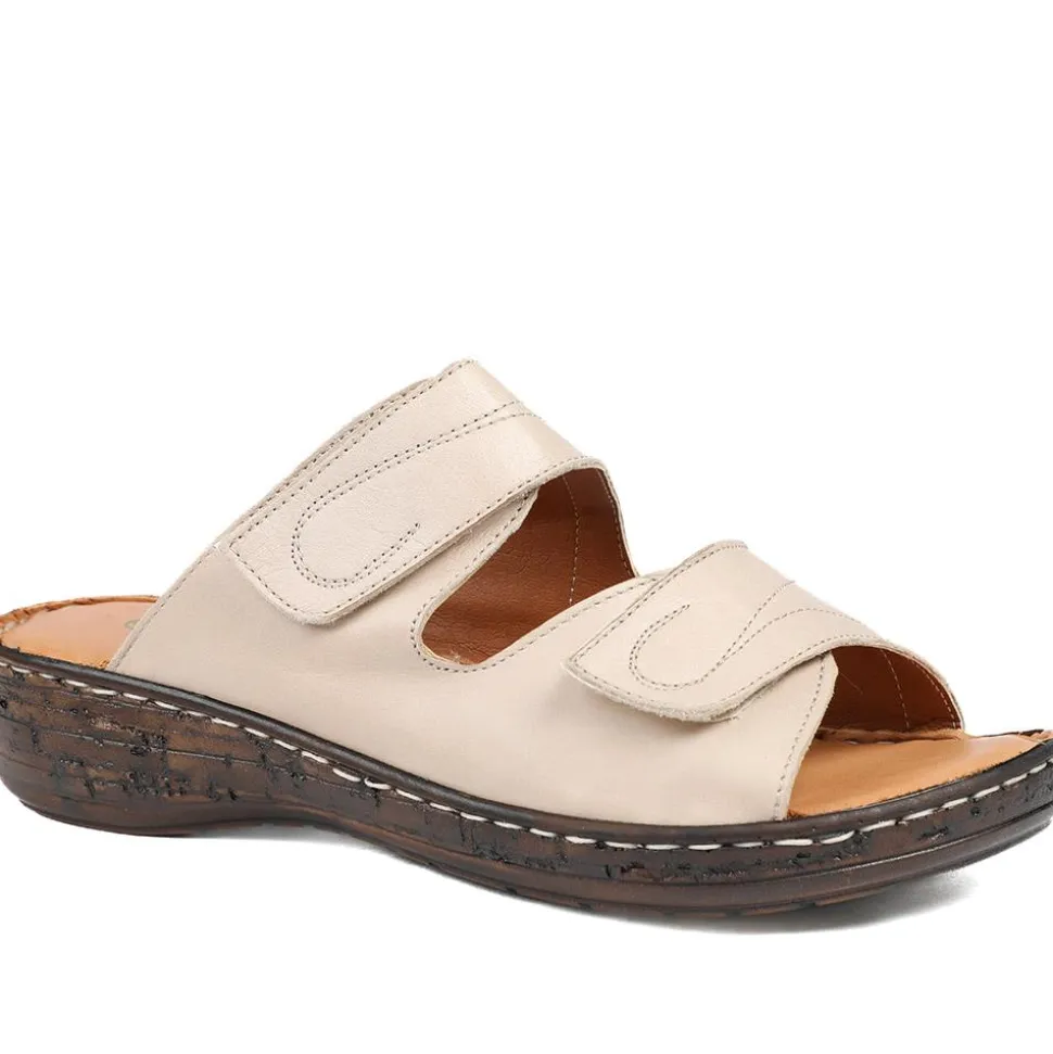 Wide Fit Leather Adjustable Fastening Sandals - Beige