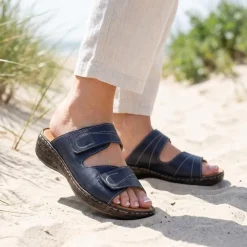 Wide Fit Leather Adjustable Fastening Sandals - Navy