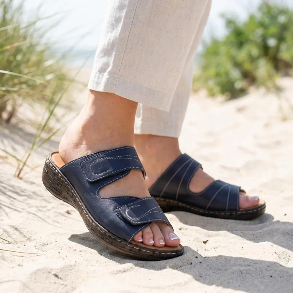 Wide Fit Leather Adjustable Fastening Sandals - Navy