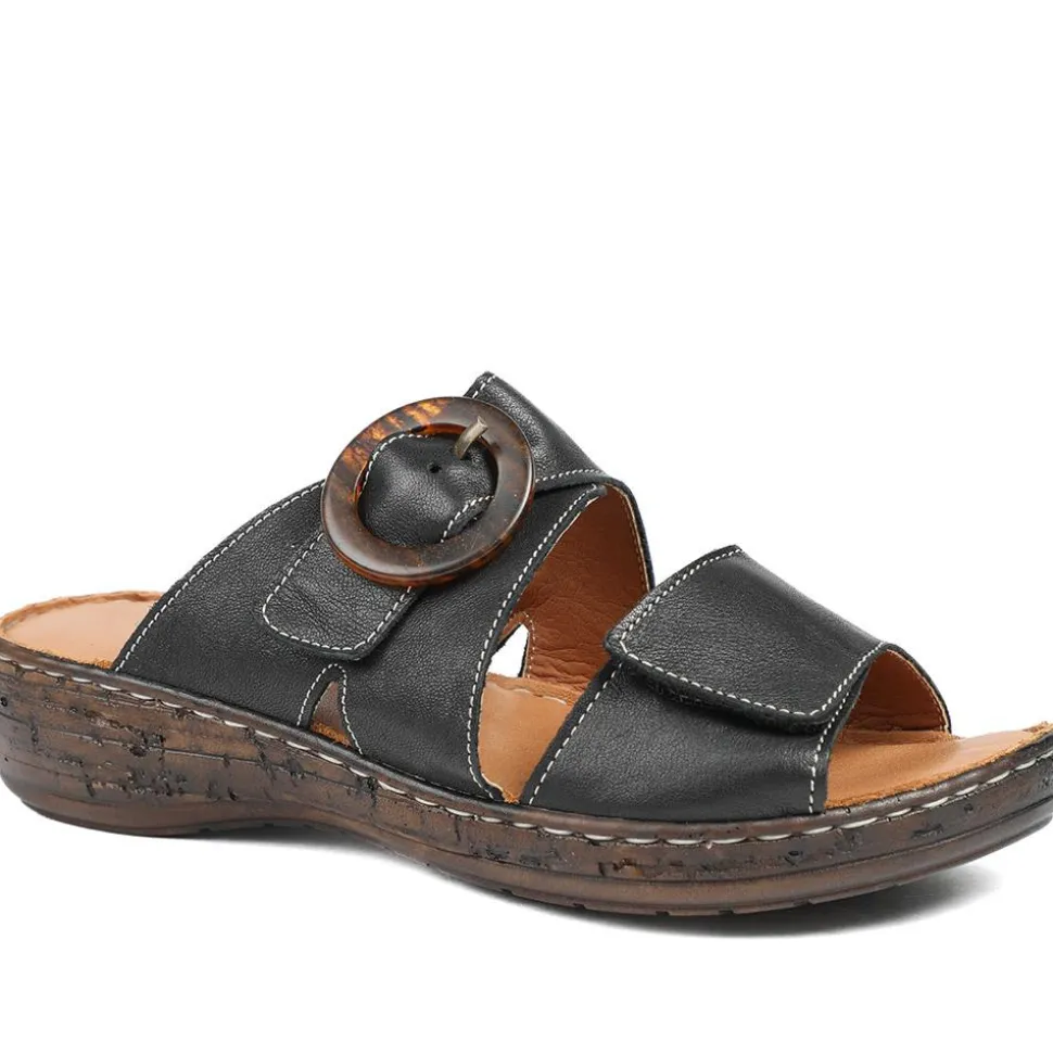 Wide Fit Leather Adjustable Fasten Sandals - Black
