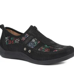 Wide Fit Leather Arch Support Trainers - Black Floral