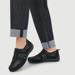 Wide Fit Leather Arch Support Trainers - Black Floral