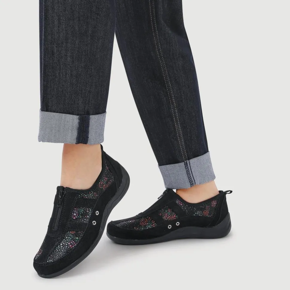 Wide Fit Leather Arch Support Trainers - Black Floral