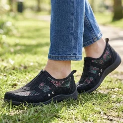 Wide Fit Leather Arch Support Trainers - Black Floral