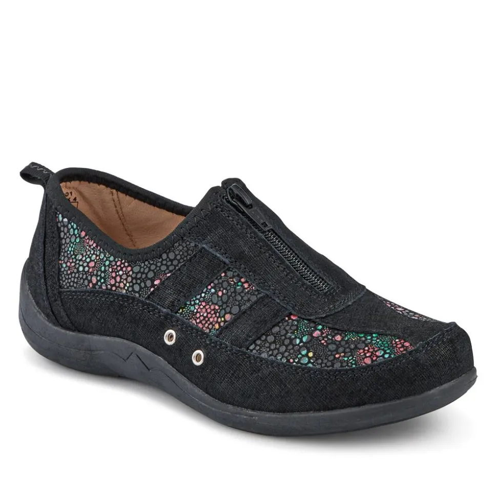 Wide Fit Leather Arch Support Trainers - Black Floral