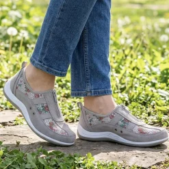 Wide Fit Leather Arch Support Trainers - Grey Floral