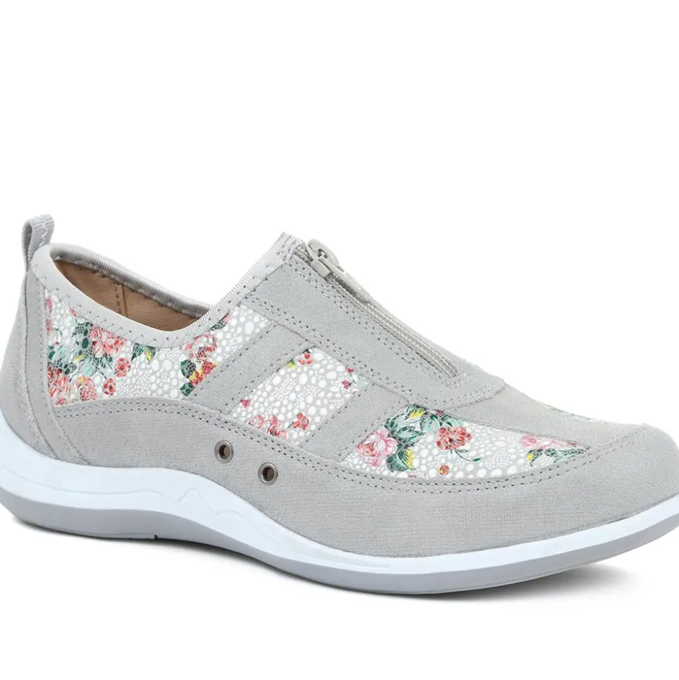 Wide Fit Leather Arch Support Trainers - Grey Floral