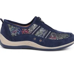 Wide Fit Leather Arch Support Trainers - Navy Multi