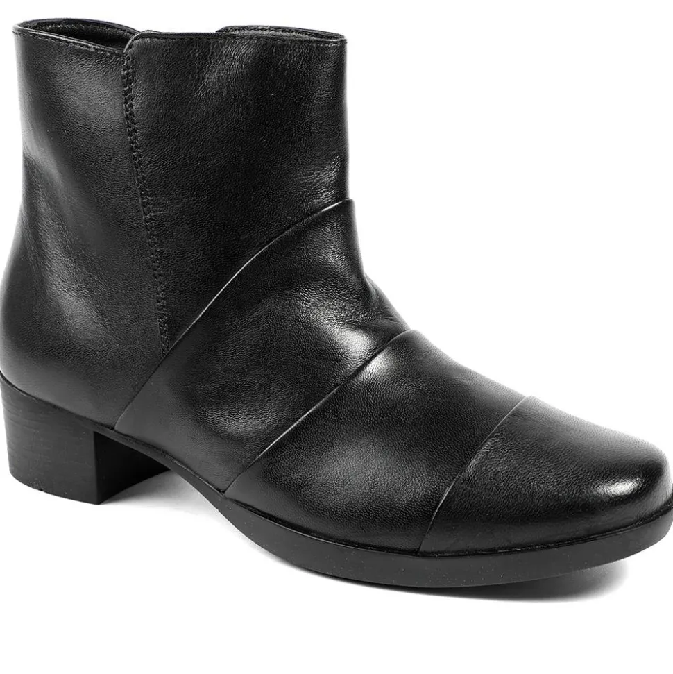 Wide Fit Leather Block Heeled Ankle Boots - Black