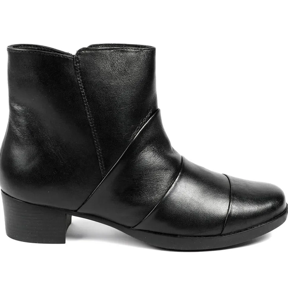 Wide Fit Leather Block Heeled Ankle Boots - Black