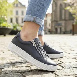 Wide Fit Leather Breathable Platform Trainers - Navy