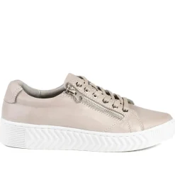 Wide Fit Leather Breathable Platform Trainers - Stone
