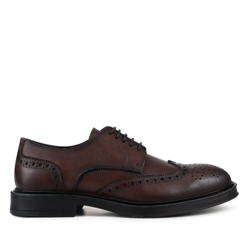 Wide Fit Leather Brogue Derby Shoes - Brown