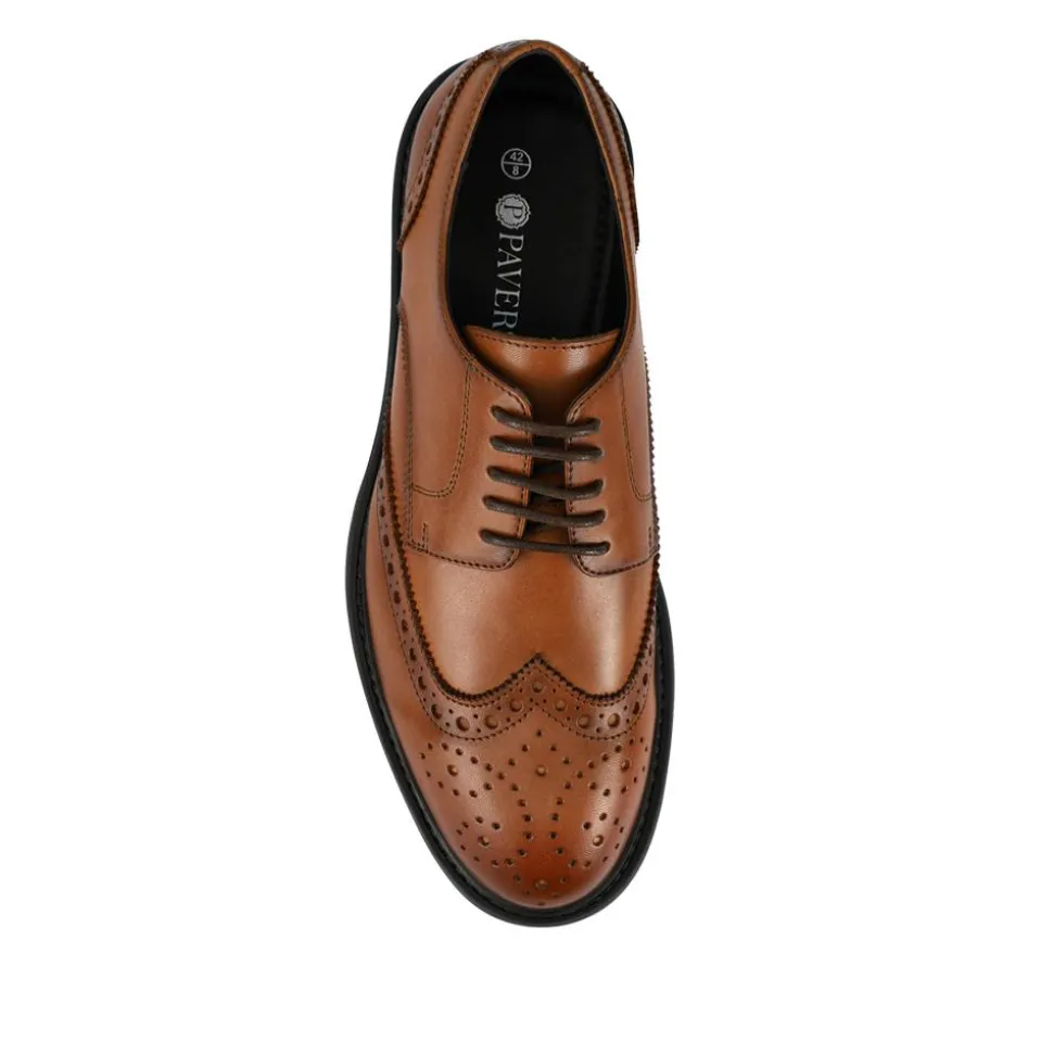 Wide Fit Leather Brogue Derby Shoes - Tan