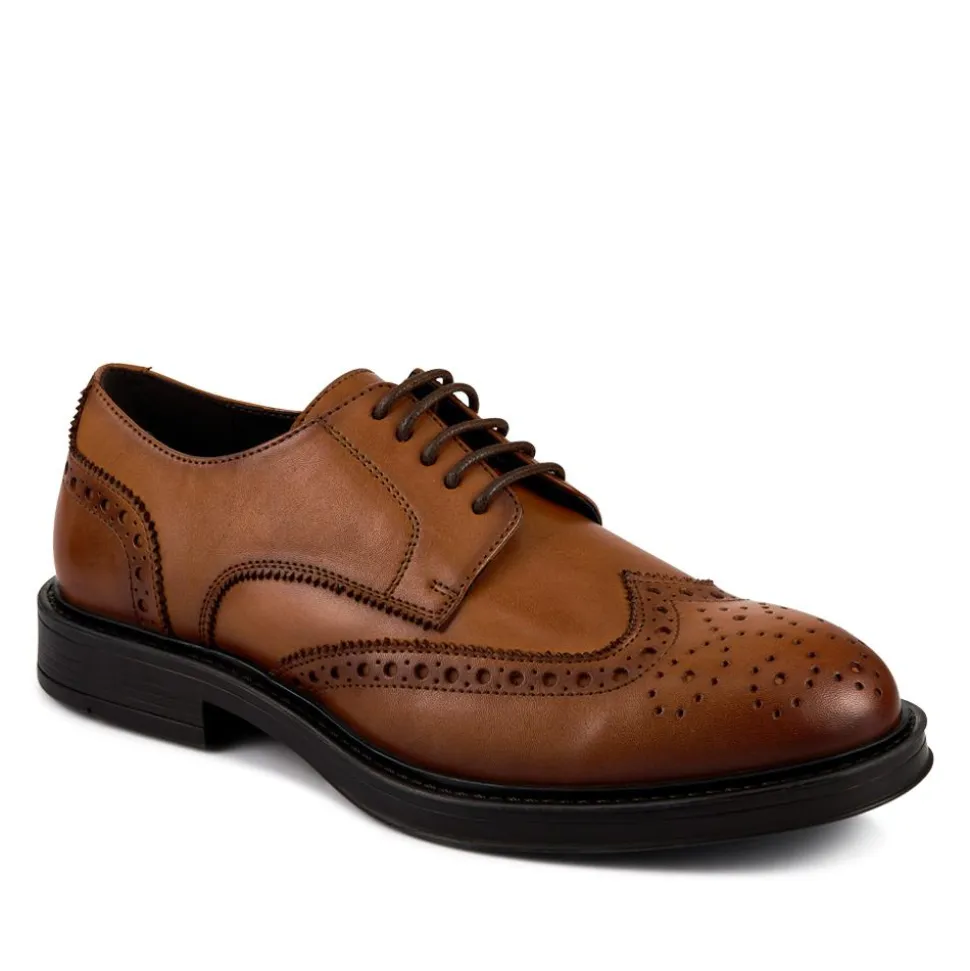 Wide Fit Leather Brogue Derby Shoes - Tan
