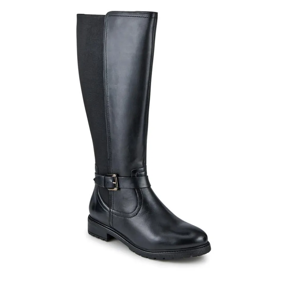 Wide Fit Leather Elasticated Long Boots - Black