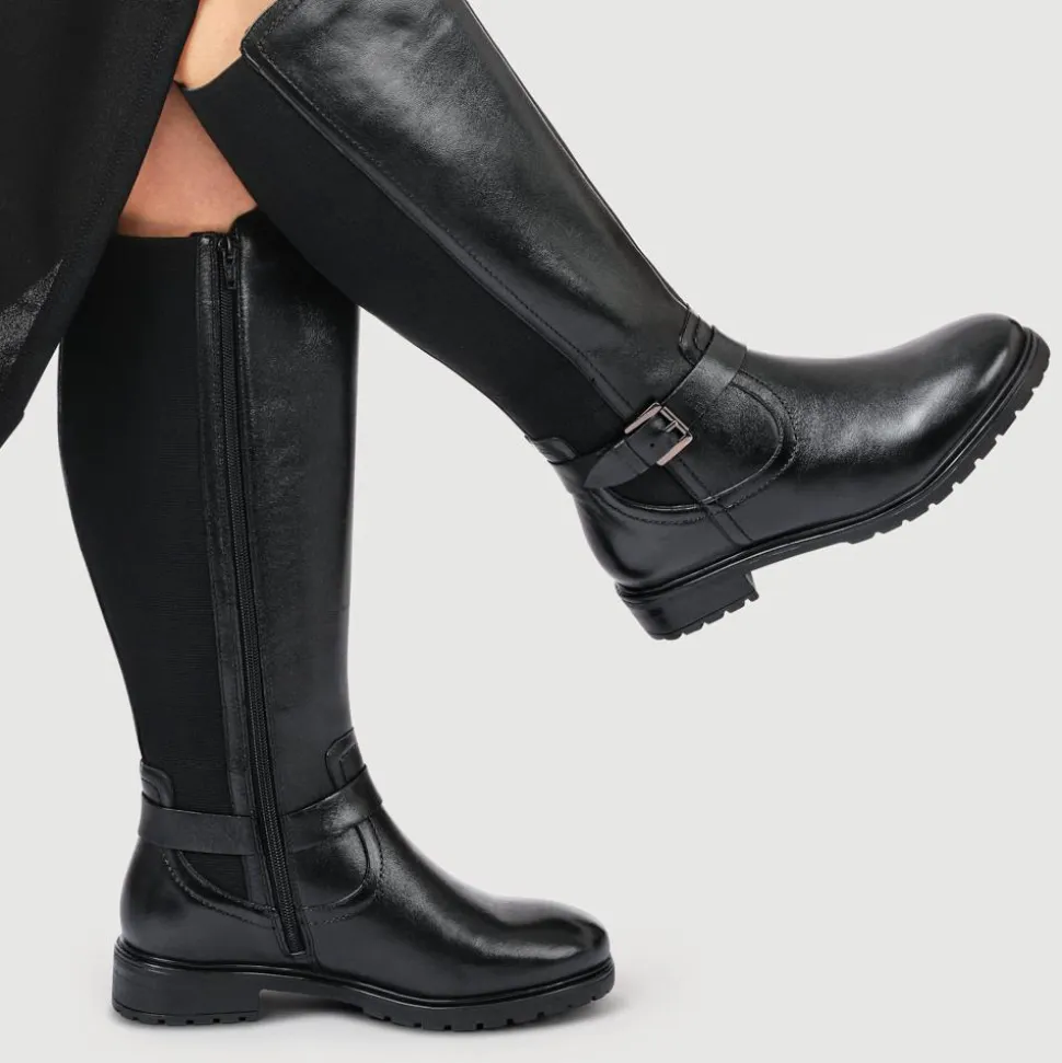 Wide Fit Leather Elasticated Long Boots - Black