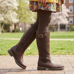 Wide Fit Leather Elasticated Long Boots - Chocolate