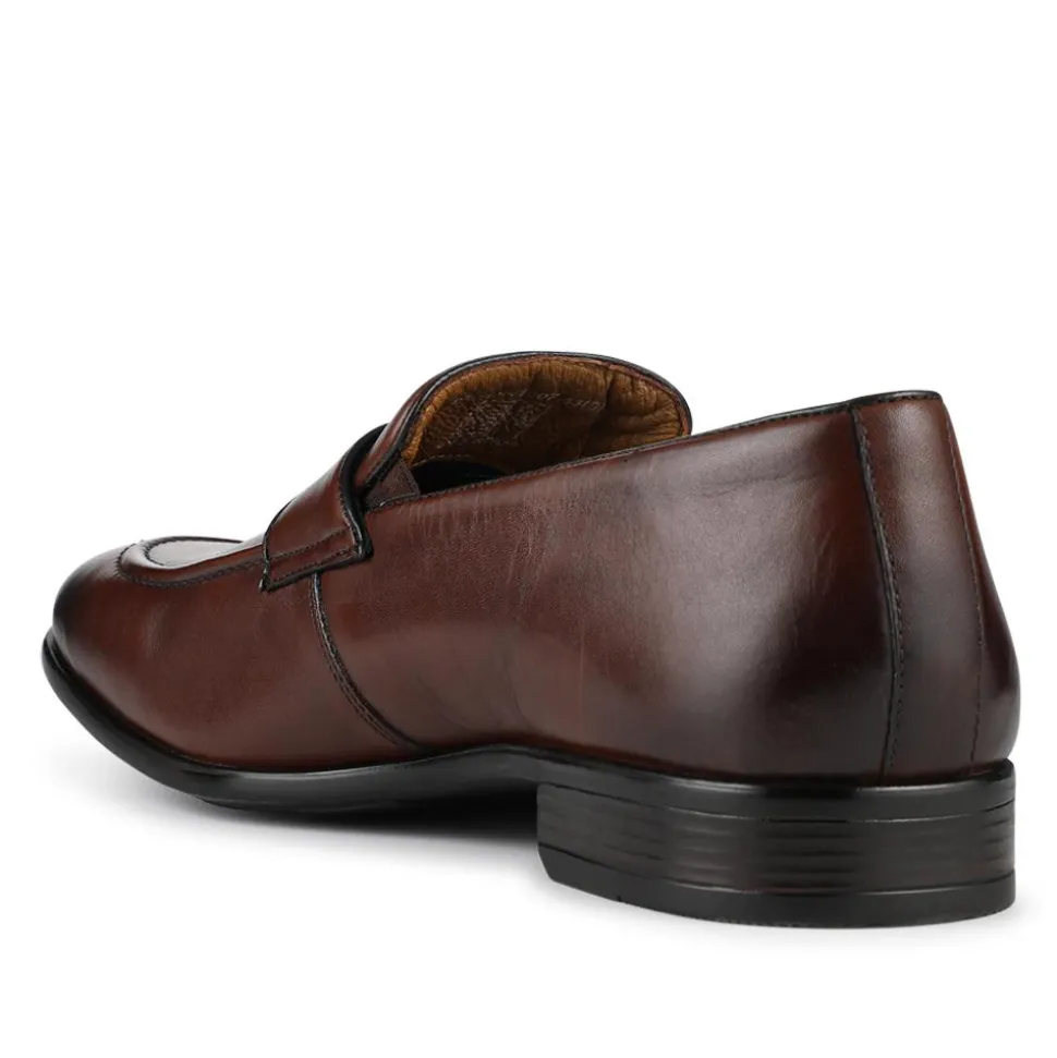 Wide Fit Leather Heeled Loafers - Brown