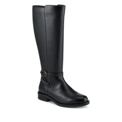 Wide Fit Leather Long Boots With Buckle Detail - Black